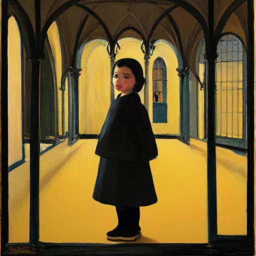 Image similar to a painting of a little girl with short black hair and wearing a yellow coat alone in the inner courtyard of an abbey by hopper