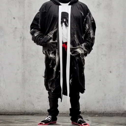 Image similar to a full body lookbook portrait of modern - day jesus wearing virgil abloh streetwear collection by nicola samori, hat and hoodie, detailed, oil painting, hyper - realistic, 8 k, yeezy collection