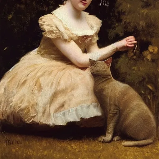 Image similar to young victorian lady in ball gown petting a cat, painted by alfred stevens