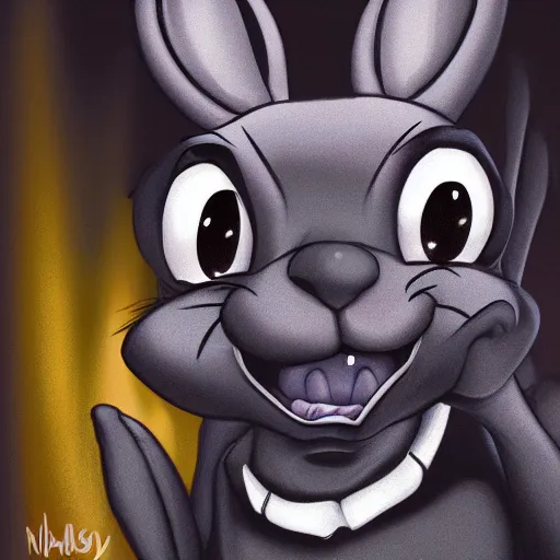 Image similar to A extremely highly detailed majestic hi-res beautiful, highly detailed head and shoulders portrait of a scary terrifying, horrifying, creepy black cartoon rabbit with scary big eyes, earing a shirt laughing, hey buddy, let's be friends, in the style of Walt Disney animation