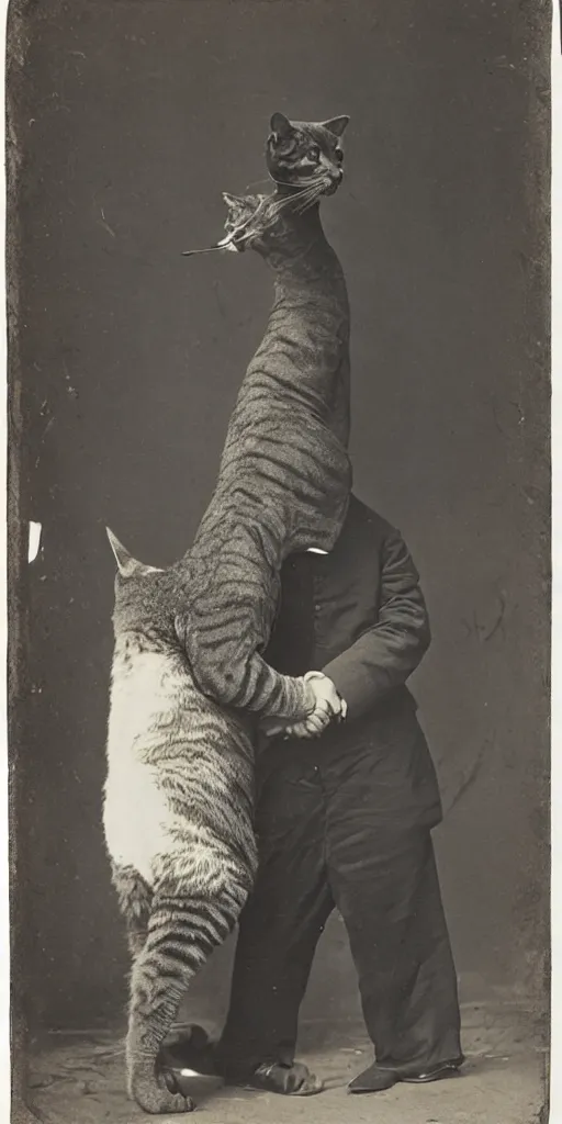 Image similar to tall t rex shaking hands with a cat, Business men. anamorphic, strange, photograph, 1860s