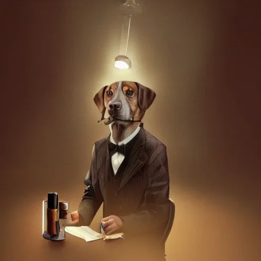 Image similar to a dog wearing a business suit smoking a cigar, dramatic lighting, cinematic, establishing shot, extremly high detail, photorealistic, cinematic lighting, concept art, artstation, style by greg rutkowsky