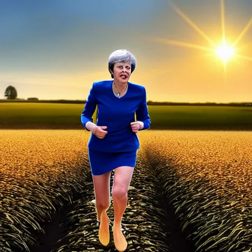 Prompt: Theresa May running in a cornfield with alien crop circles, golden hour, low sun