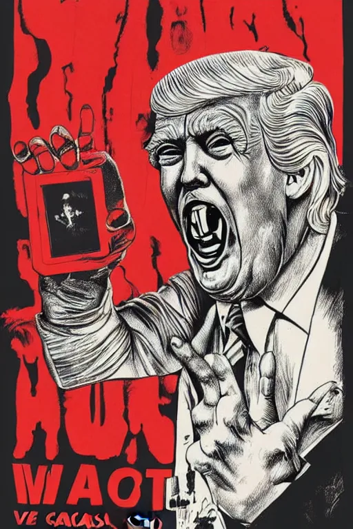 Prompt: Donald Trump as a disgusting monster on a 1970s horror movie poster , vintage 70s print, detailed, scary, horror, screen print, trending on artstation