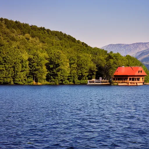 Image similar to lake cabin in croatia, hyper realistic, photograph, f 8. 0, 3 2 mm, kodak