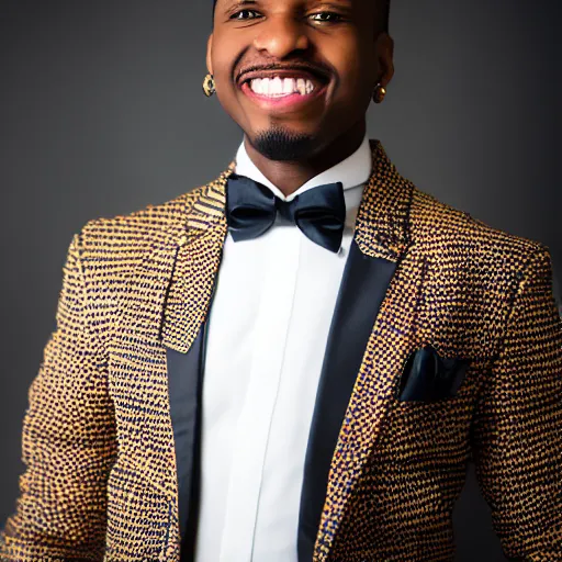 Prompt: well dressed african american male with a strange haircut and an expensive clothes smiling into the camera, f / 2. 0, photography, magazine