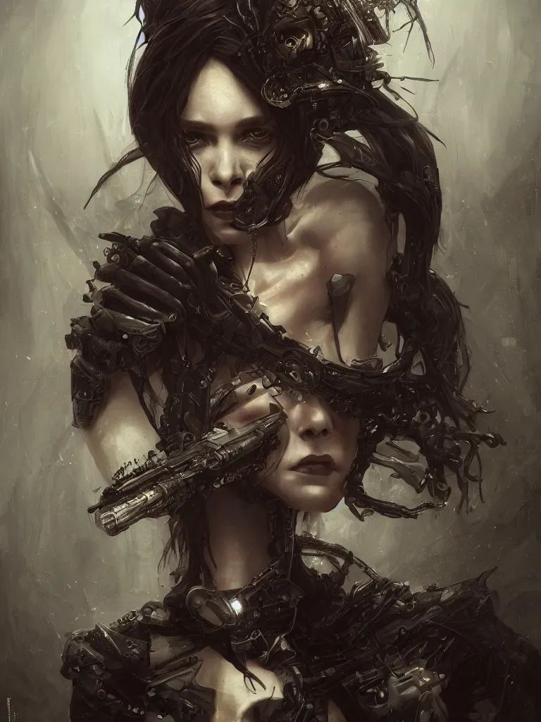 Prompt: a hardcore portrait of a dark sombre woman, hyperrealistic, highly detailed, intricate, sci-fi, sharp focus, trending on Artstation HQ, deviantart, unreal engine 5, 4K UHD image, in the style of Tom Bagshaw, Cedric Peyravernay, Peter Mohrbacher