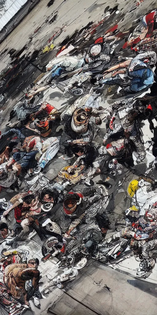 Image similar to oil painting scene skateboard park by kim jung gi