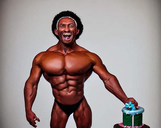 Image similar to human birthday cake hybrid, muscular arms, studio photography, humanoid cake