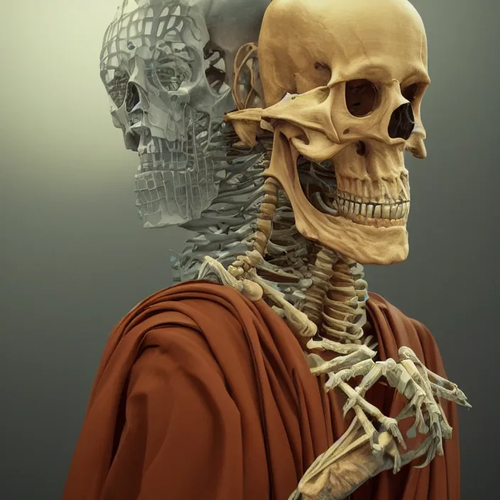 Image similar to portrait of skeleton, Buddhist Monk robe. intricate abstract. intricate artwork. by Tooth Wu, wlop, beeple, dan mumford. octane render, trending on artstation, greg rutkowski very coherent symmetrical artwork. cinematic, hyper realism, high detail, octane render, 8k, iridescent accents