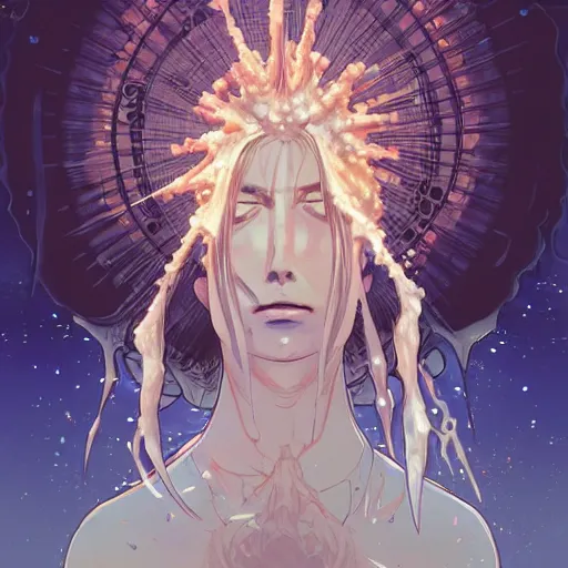 Image similar to god covered in bleach, with rhinestone eyes, covered in paralytic dreams, future pixels, illustration trending on artstation, anime. by hayao miyazaki and rossdraws and artgerm and greg rutkowski and alphonse mucha and studio ghibli and ilya kuvshinov. high quality, stunning, intricate detailed environment. 8 k