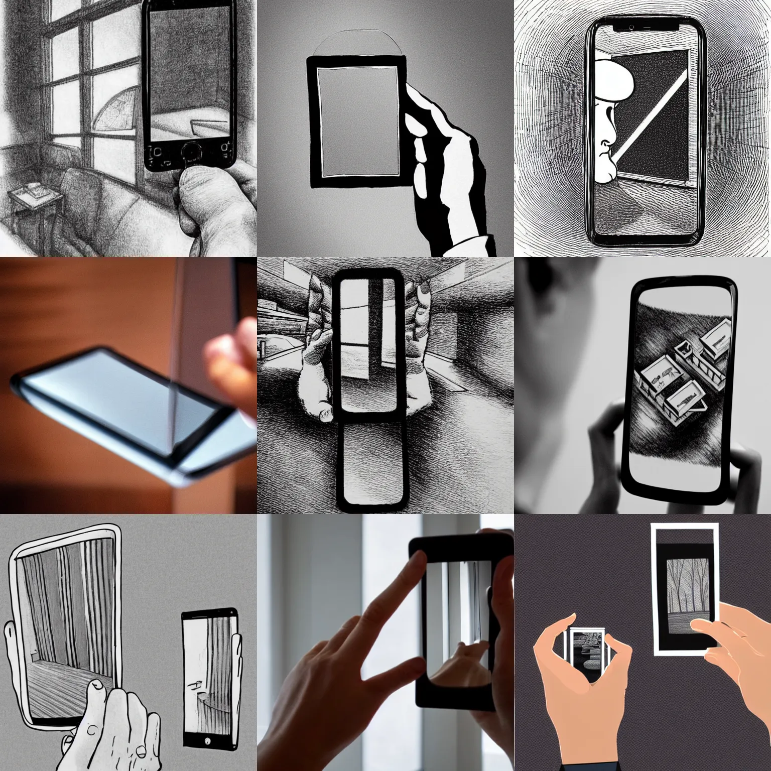 Prompt: a floating smart phone taking a picture of itself in a mirror, the reflection of the phone shows an image of the reflection of the phone, infinite recursion, ink drawing, in the style of m. c. escher
