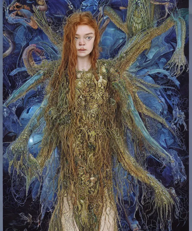 Prompt: a portrait photograph of a fierce sadie sink as an alien harpy queen with slimy amphibian skin. she is trying on evil bulbous slimy organic membrane fetish fashion and transforming into a blue succubus insectoid amphibian. by donato giancola, walton ford, ernst haeckel, brian froud, hr giger. 8 k, cgsociety