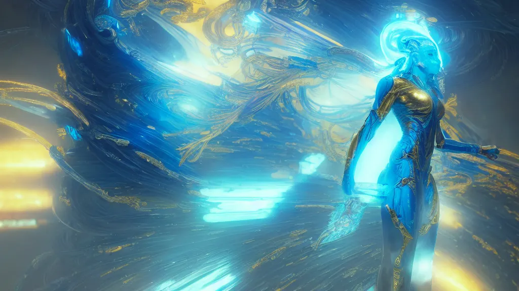 Image similar to Translucent Astral Guardian, Hindu Blue Goddess, Golden hyperspace palace,Wadim Kashin, artgerm, XF IQ4, f/1.4, ISO 200, 1/160s, 8K, RAW, featured in artstation, octane render, cinematic, elegant, intricate, 8k