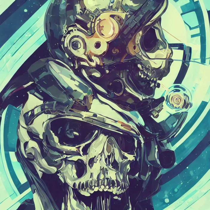 Image similar to anime skull portrait space pirate captain, futuristic science fiction, mucha, hard shadows and strong rim light, art by jc leyendecker and atey ghailan and sachin teng