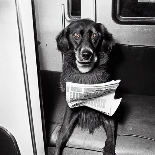 Image similar to a dog reading the newspaper on a subway train in new york, 1 9 7 0
