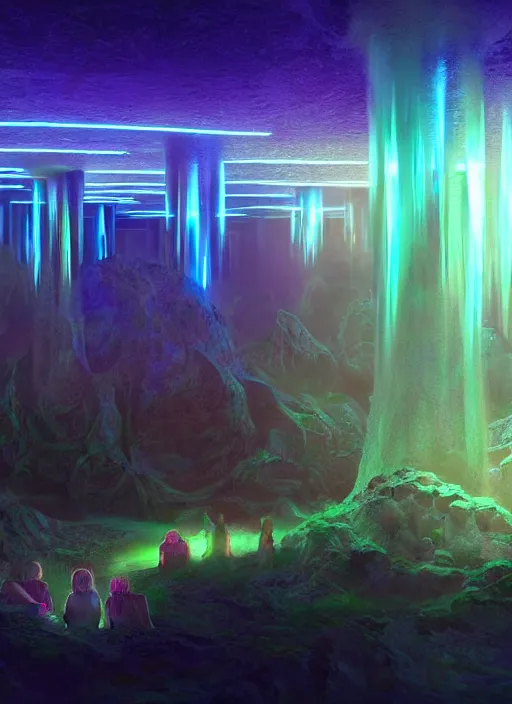 Prompt: high depth, collective civilization party!, calm, healing, resting, life, hybrids, scifi, glowing lights, published concept art, art in the style of all and none and everything and infinity, nightime long exposure