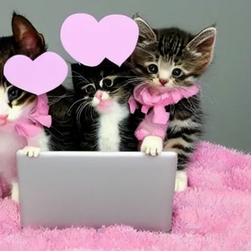 Image similar to cutest kittens in the world using a laptop with cute pink heart emojis floating in the air