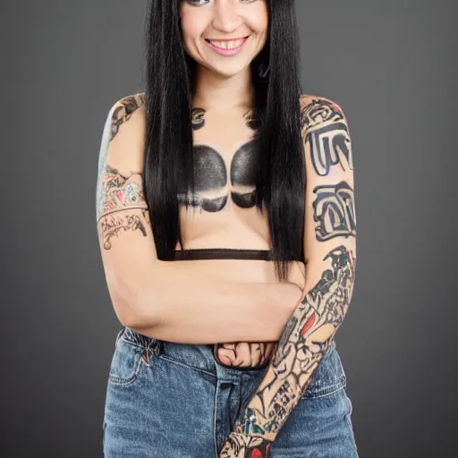 Image similar to full body portrait of a beautiful female skateboarder, black long hair, neck tattoos, full lips and a cheeky smile, uhd, 8k, award winning