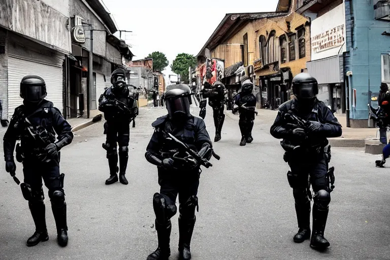 Image similar to cinematography riot police on the street in small town by Emmanuel Lubezki