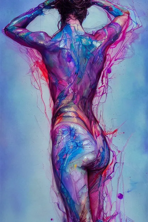 Image similar to gal gadot by agnes cecile enki bilal moebius, intricated details, 3 / 4 back view, full body portrait, extremely luminous bright design, pastel colours, drips, autumn lights