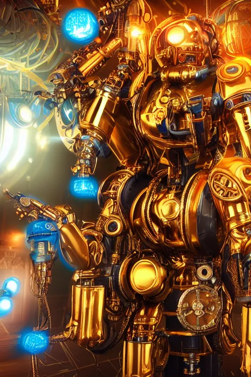 Image similar to portrait photo of a giant huge golden and blue metal humanoid steampunk cyborg female with a human face singing with mouth open and gears and tubes, in the foreground is a big red glowing microphone, eyes are glowing red lightbulbs, shiny crisp finish, 3 d render, 8 k, insaneley detailed, fluorescent colors, background is multicolored lasershow