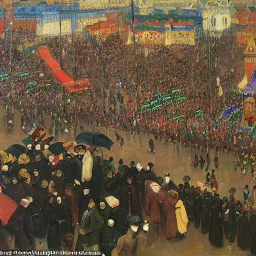 Prompt: dagomey officials with flat colorful umbrellas watching parade in ahomey's huge main square, from above, 1905, highly detailed, oil on canvas, by ilya repin