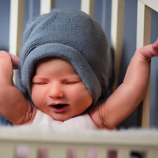 Prompt: extremely muscular bodybuilder newborn little baby in a crib, genetically engineered, rippling muscles, huge veins, bulging muscles, ripped, flexing, intense expression, award winning photography, high detail