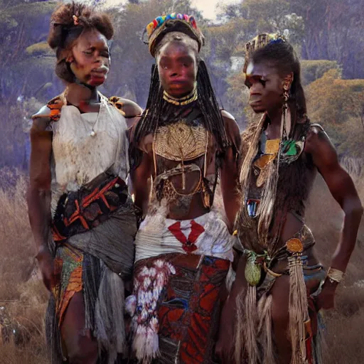 Prompt: three Zulu princesses close to each other, wondering about future of the world, oil painting, by Fernanda Suarez and and Edgar Maxence and greg rutkowski