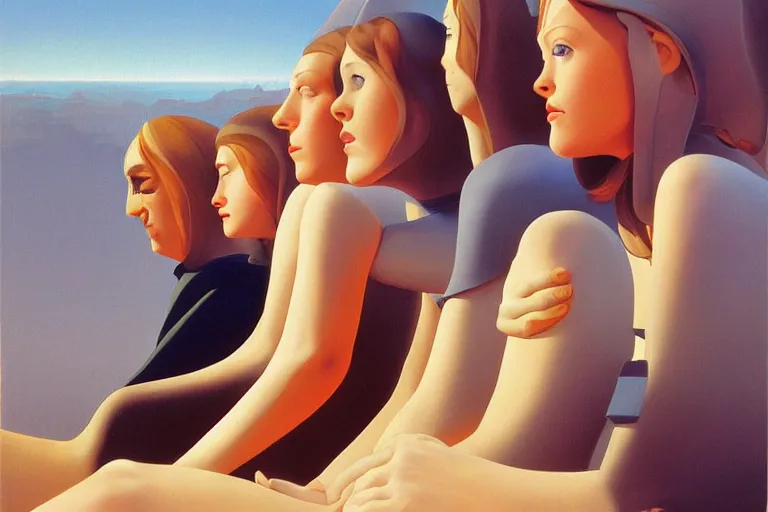 Image similar to beautiful painting of friends, beautiful faces, sitting on the edge, cute, soft light, digital painting by ralph mcquarrie and herbert bayer