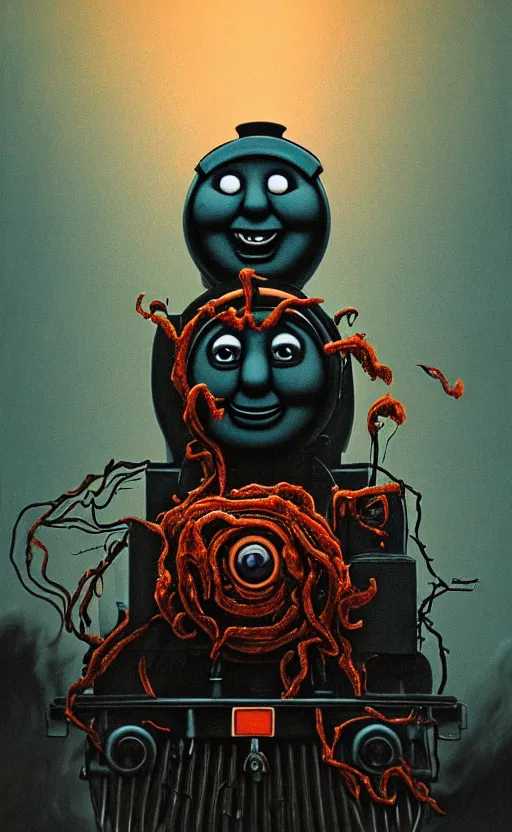 Image similar to thomas the tank engine in style of zdzisław beksinski, extremely dramatic lighting, 8 k, tendrils, black, darkness, black slime tendrils, infected, rust, body horror, thomas the train, thomas the tank engine face, horror,