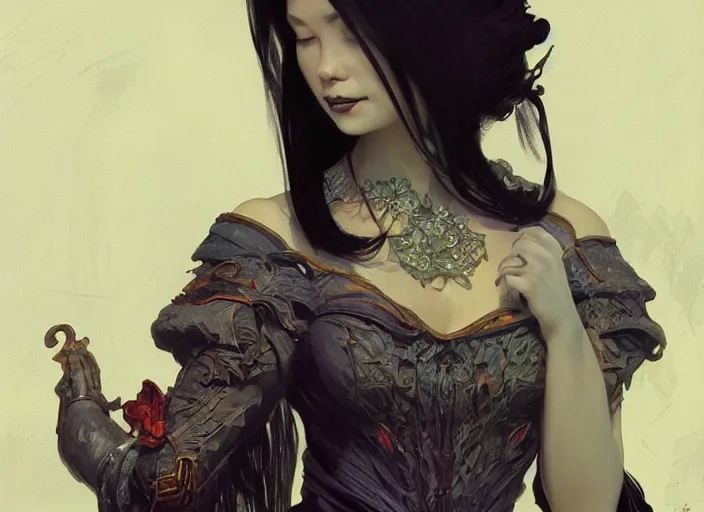 Prompt: gothic amai liu, full body, d & d, fantasy, intricate, elegant, highly detailed, digital painting, art station, concept art, smooth, sharp focus, oil painting, art by syd mead and greg rutkowski and alphonse mucha