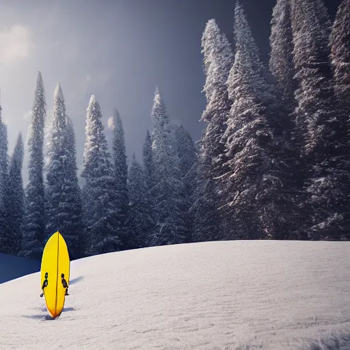 Prompt: man surfing a yellow surfboard down a snowy mountain, high quality digital art, unreal engine, cinematic lighting