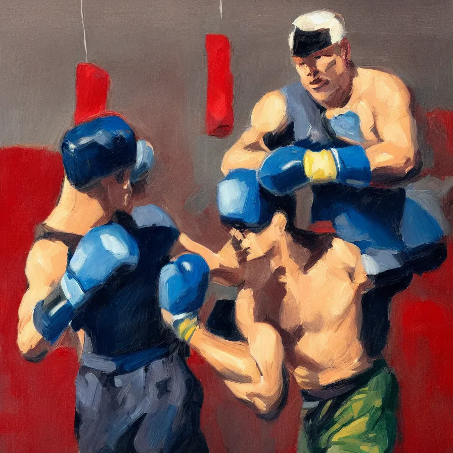 Image similar to a portrait of of boxing man, in the style of edward hopper, in the style of max ginsburg, realism, very small brushstrokes, cinematic lighting, moody, very aesthetic, boxing in an arena, big crowd in the back, flashing lights, blue light, 4 k,