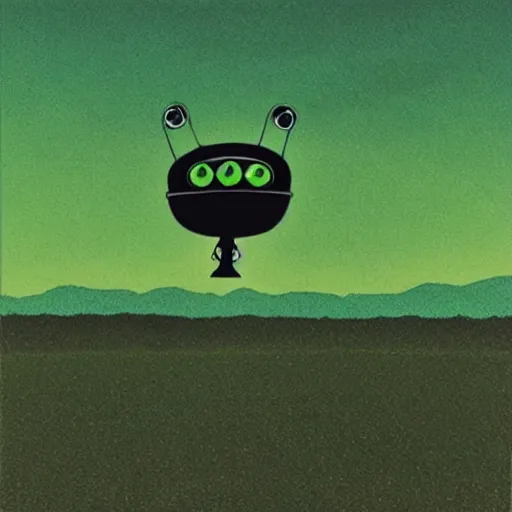 Image similar to ufo abducting pepe the frog in pasture. 1 0 0 0 mm, precisionist, minimalist, studio lighting. commercial quality. sci fi grunge, parts by patrick nagel, parts by virgil finlay