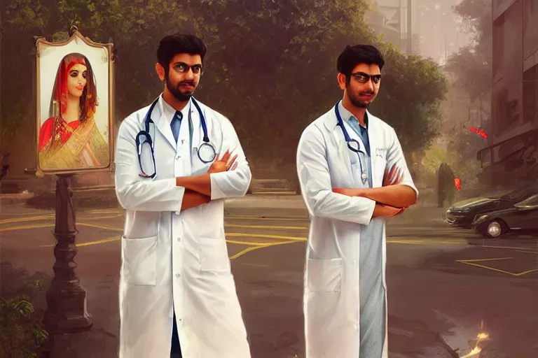 Image similar to Anxious good looking pale young Indian doctors wearing American clothes outside a hospital, portrait, elegant, intricate, digital painting, artstation, concept art, smooth, sharp focus, illustration, art by artgerm and greg rutkowski and alphonse mucha