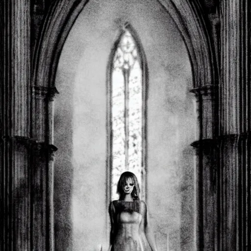 Prompt: jennifer lawrence as a vampire in a gloomy gothic cathedral at night