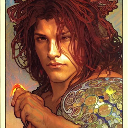 Prompt: realistic detailed face portrait of a male muscular latino short-haired sun cleric druid shaman, flame conjuring, strong, benevolent, healing, friendly, intelligent, armored, by Alphonse Mucha, Ayami Kojima, Amano, Charlie Bowater, Karol Bak, Greg Hildebrandt, Jean Delville, and Mark Brooks, dnd, character art