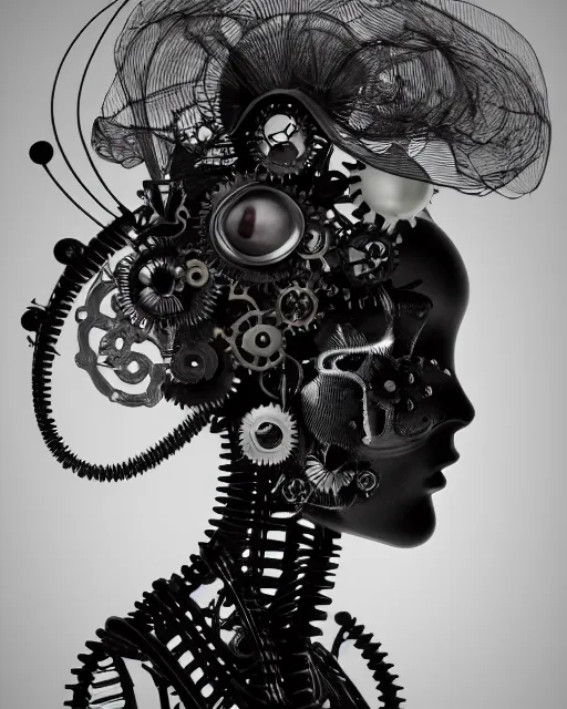 Image similar to black and white dreamy foggy profile face portrait, one steampunk eye biomechanical beautiful young female cyclope - cyborg - robot bust, body ribs meshes,, volumetric light, hibiscus flowers, by hg giger, rim light, by dora maar and cecile beaton, big gothic fashion pearl embroidered collar, 8 k
