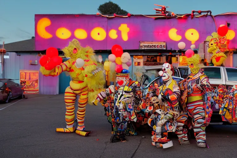 Image similar to 2 0 clowns - robots leaving a clowncar at a california drive in, in 2 0 1 2, cutecore clowncore, bathed in the the glow of the sunset, low - light photograph, in style of tyler mitchell