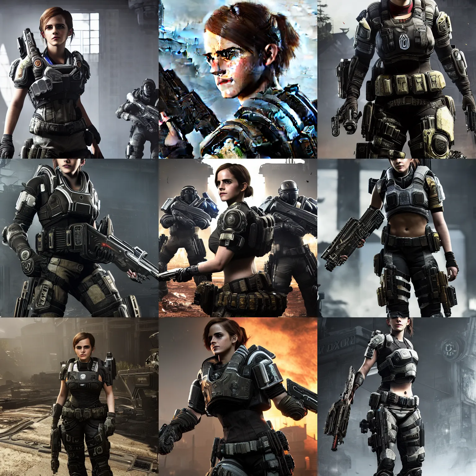 Prompt: emma watson in gears of war, destiny 2, call of duty black ops, warframe, highly detailed, extremely high quality, hd, 4 k, 8 k, professional photographer, 4 0 mp, lifelike, top - rated, award winning, realistic, detailed lighting, detailed shadows, sharp, no blur, edited, corrected, trending