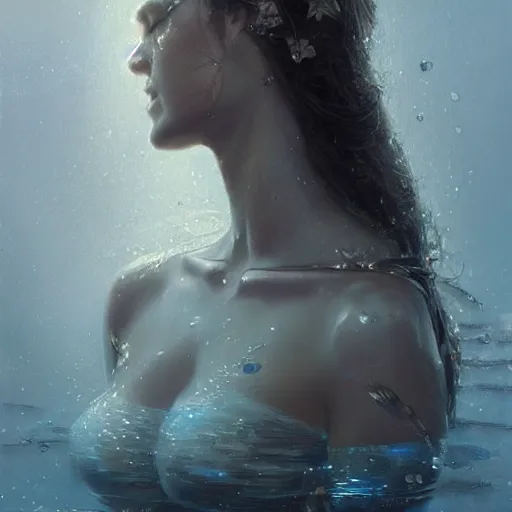 Image similar to a beautiful portrait of a water goddess with transparent skin by Greg Rutkowski and Raymond Swanland, Trending on Artstation, fishes background, ultra realistic digital art