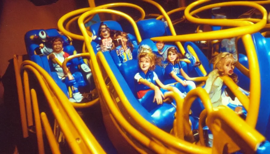 Image similar to 1990s photo of inside the Sonic ride at Universal Studios in Orlando, Florida, children riding through a sonic level, rings, cinematic, UHD