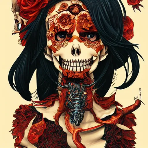 Prompt: anime manga skull portrait young woman, devil, fire, skeleton, intricate, elegant, steve mccurry, highly detailed, digital art, ffffound, art by JC Leyendecker and sachin teng