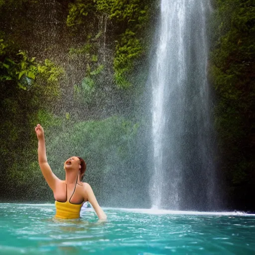 Prompt: beautiful woman swimming under a waterfall