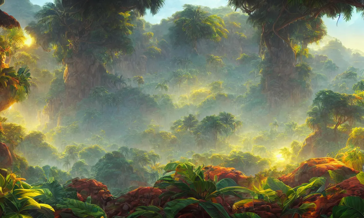 Prompt: Tropical jungle landscape, trending on artstation, by Noah Bradley