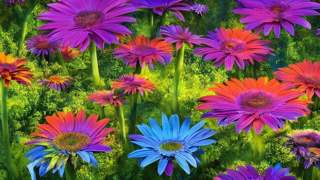 Prompt: digital illustration of a forest of giant multi - colored gerber daisy megaflowers by dr. seuss, reimagined by ilm and beeple : 1 | megaflora, viewed from below, spectral color, electric color, rolling hills : 0. 9 | fantasy : 0. 9 | unreal engine, deviantart, artstation, hd, 8 k resolution : 0. 8