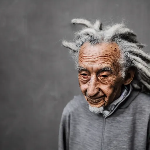 Image similar to elderly man with spaghetti dreadlocks, canon eos r 3, f / 1. 4, iso 2 0 0, 1 / 1 6 0 s, 8 k, raw, unedited, symmetrical balance, wide angle