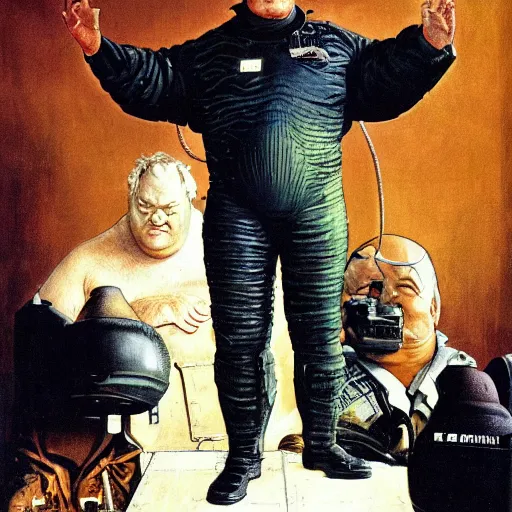 Prompt: full body portrait of actor Kenneth McMillan as baron harkonnen wearing ragged leather spacesuit and floating ten feet above floor in dystopian science fiction palace, painted by norman rockwell and tom lovell and frank schoonover, dune 1982 movie