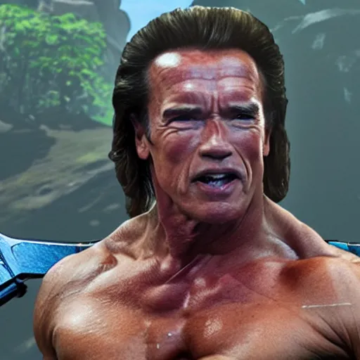 Prompt: Arnold Schwarzenegger in Breath of the Wild